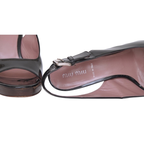 MIU MIU Black Patent Leather Platform Sandals Pumps Peep Toe Heels Buckle Sz 38 - Picture 11 of 12